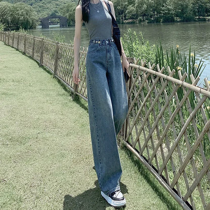 High Waist Straight Leg Jeans Women's Summer New 2025 Small Size Wide Leg Loose Drapey Slimming Floor-Length Pants.