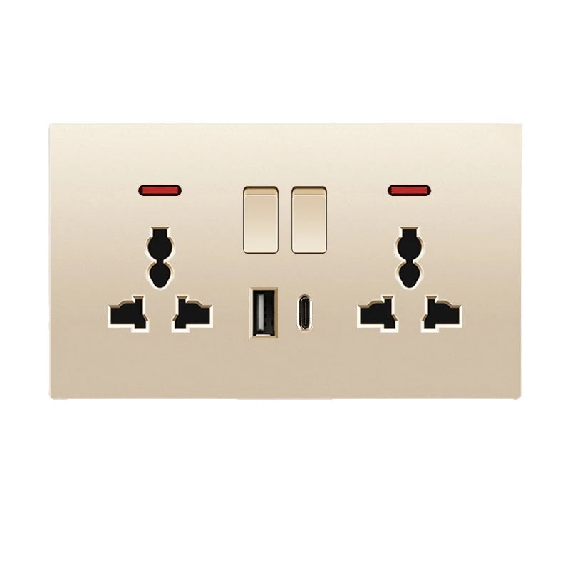 UK Standard 13A Gold USB Stecker Wandsteckdose Lichtschalter, 220V Universal 6-Loch-Doppelsteckdose mit 2,1A USB-Ladeanschluss