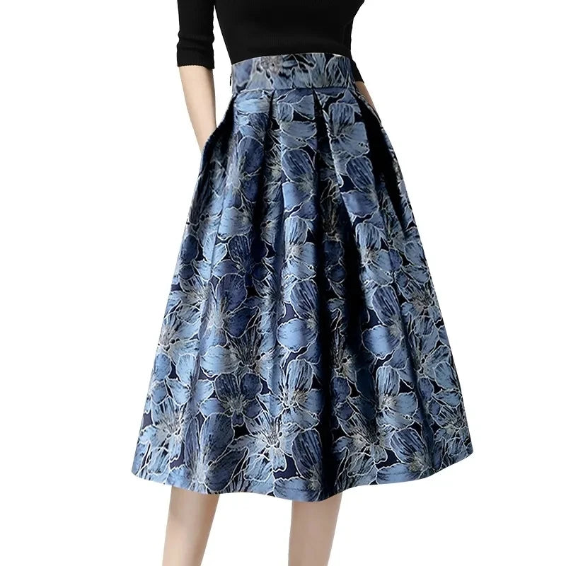 Blue Floral Print Vintage High Waist Ball Gown A-line Loose Women's Skirt Knee-Length Long Skirts For Women Clothing Fashion.