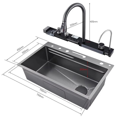 Wasserfall-Küchenspüle aus Edelstahl 304, großes Einzelschlitz-Wasserhahn-Set mit integrierter Digitalanzeige, Seifenspender, 75 x 45 cm