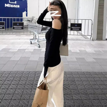1pcs Spring Autumn Fashion Skew Collar Off-shoulder Long-sleeved T-shirts Women New Solid Slim Fit Sexy Tees Shirts Student Tops.
