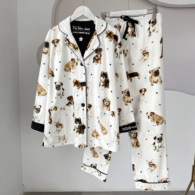 2025 New Pajamas Suit Cotton 2 Piece Set Women Print Cartoon Nightwear Long Sleeve Trousers Set Autumn Loungewear Home Clothes.