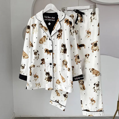 2025 New Pajamas Suit Cotton 2 Piece Set Women Print Cartoon Nightwear Long Sleeve Trousers Set Autumn Loungewear Home Clothes.