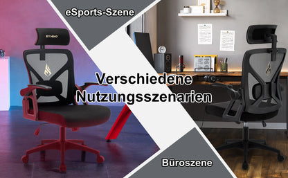Symino Bürostuhl mit verstellbarer Kopfstütze, Armlehnen, Lordosenstütze, ergonomischer Bürostuhl, drehbarer Wippfunktion