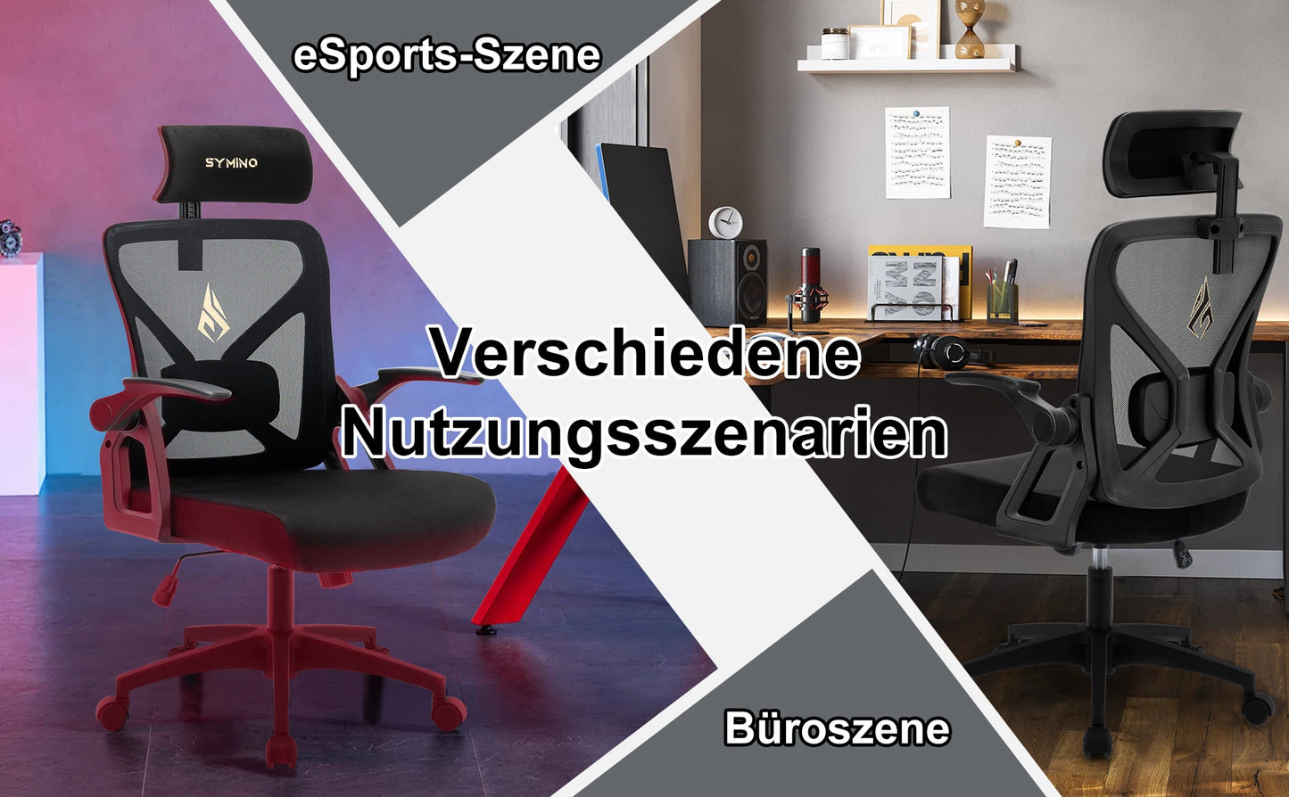 SYMINO Bürostuhl mit verstellbarer Kopfstütze, Armlehnen, Lordosenstütze, ergonomischer Bürostuhl, drehbarer Wippfunktion