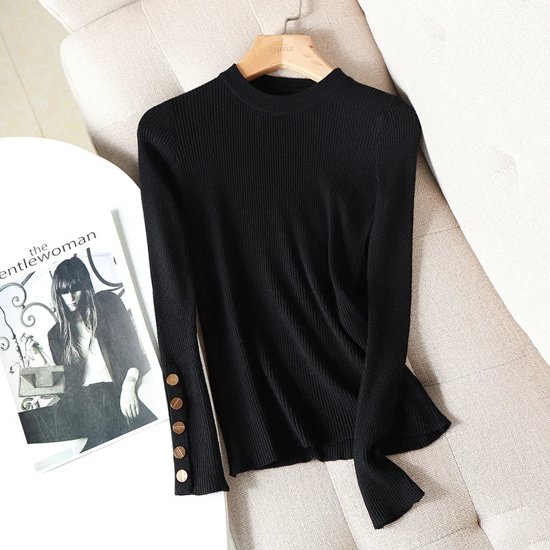 2025 Female Slim Knitted Soft Jumper Tops Autumn Winter Women Casual Sweater Pullovers Button Long Sleeve O-neck Chic Sweater