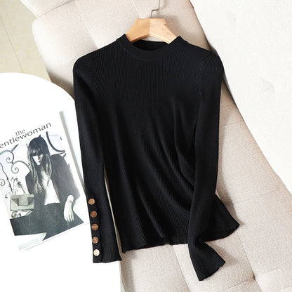 2025 Female Slim Knitted Soft Jumper Tops Autumn Winter Women Casual Sweater Pullovers Button Long Sleeve O-neck Chic Sweater