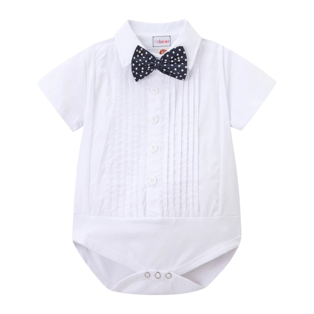 Black & White Classic Baby Boy Clothes Strap Set for Infant 1st Birthday Party Summer Short Sleeve Romper with Solid Shorts Suit.