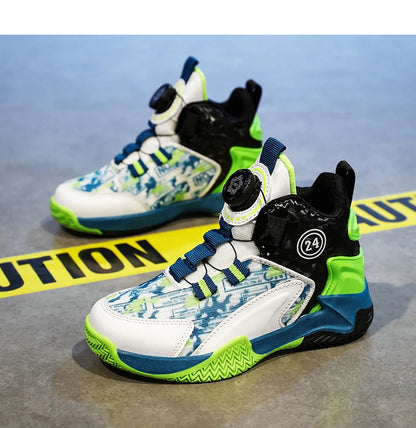 Children's Autumn New Rotary Buckle Mesh Breathable Basketball Shoes Boys Fashion Trend Sneaker Anti Slip Running Footwear 31-40.