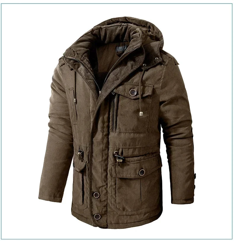 Men's Jacket WINTER USA SIZE Large SIZE Lamb Fleece JACKETS Hooded Cotton Thickened Multi Pocket Casual Mid length Coat