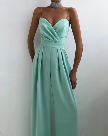 2025 Spring Summer Chiffon Elegant Jumpsuits Women Spaghetti Strap High Waist Wide Leg Jumpsuits Overalls Solid Womens Jumpsuit.