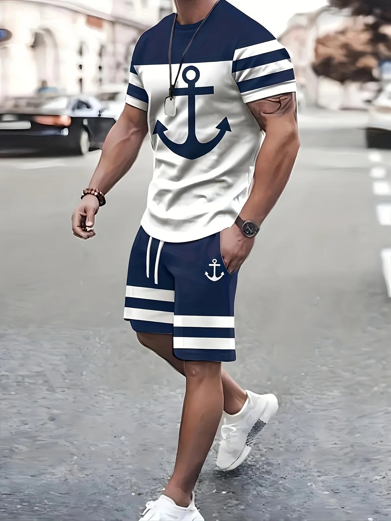 Mens Short Sets 2 Piece Outfits Anchor Print Cruise Outfits Tracksuits Athletic Shirt and Shorts Set for Men.