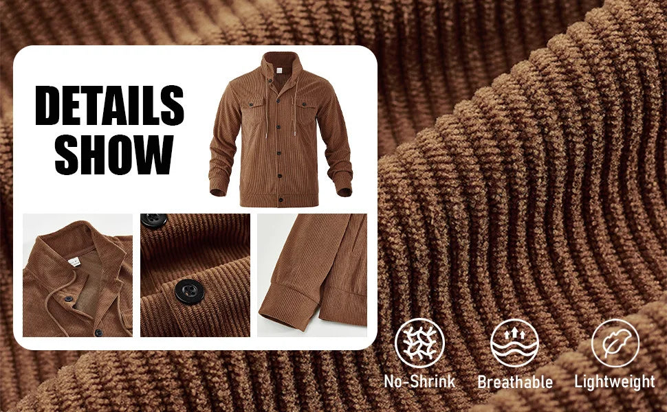 Men's Corduroy Jacket Stand-up Collar Slim Fit Retro Multi-pocket Workwear Commuter Coat for Spring And Autumn.