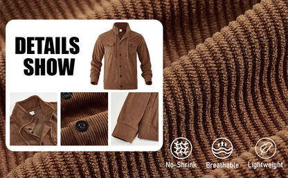 Men's Corduroy Jacket Stand-up Collar Slim Fit Retro Multi-pocket Workwear Commuter Coat for Spring And Autumn.