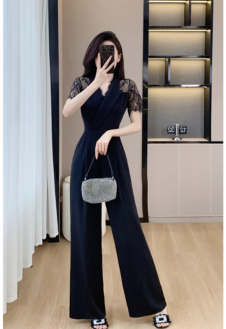 LYX High-Cold Lady Style Romper Women Summer Short Sleeve High Waist Lace Splicing Hollow out One-Piece Straight Leg Pants.