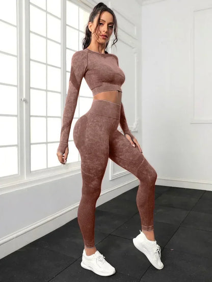 2 Piece Acid Wash Gym Set Women Seamless Long Sleeve Leggings Tracksuit Sports Fitness Suit Scrunch Workout Clothes Yoga Outfits