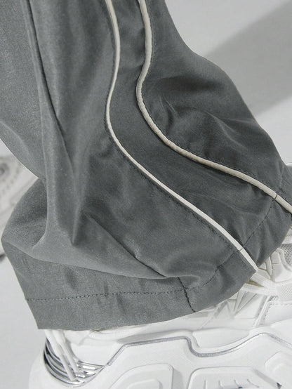 Larbulse Men Contrast Trim Trouser Fashion Casual Pants Solid Color Breathable Loose Straight Drawstring Pants Streetwear.