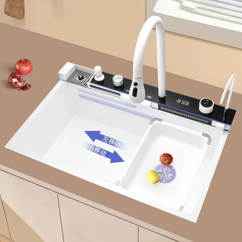 Stainless Steel Kitchen Sink with Hot Cold Pull Out Kitchen Sink Faucets Digital Large Single Bowl Waterfall Rain Kitchen Sinks