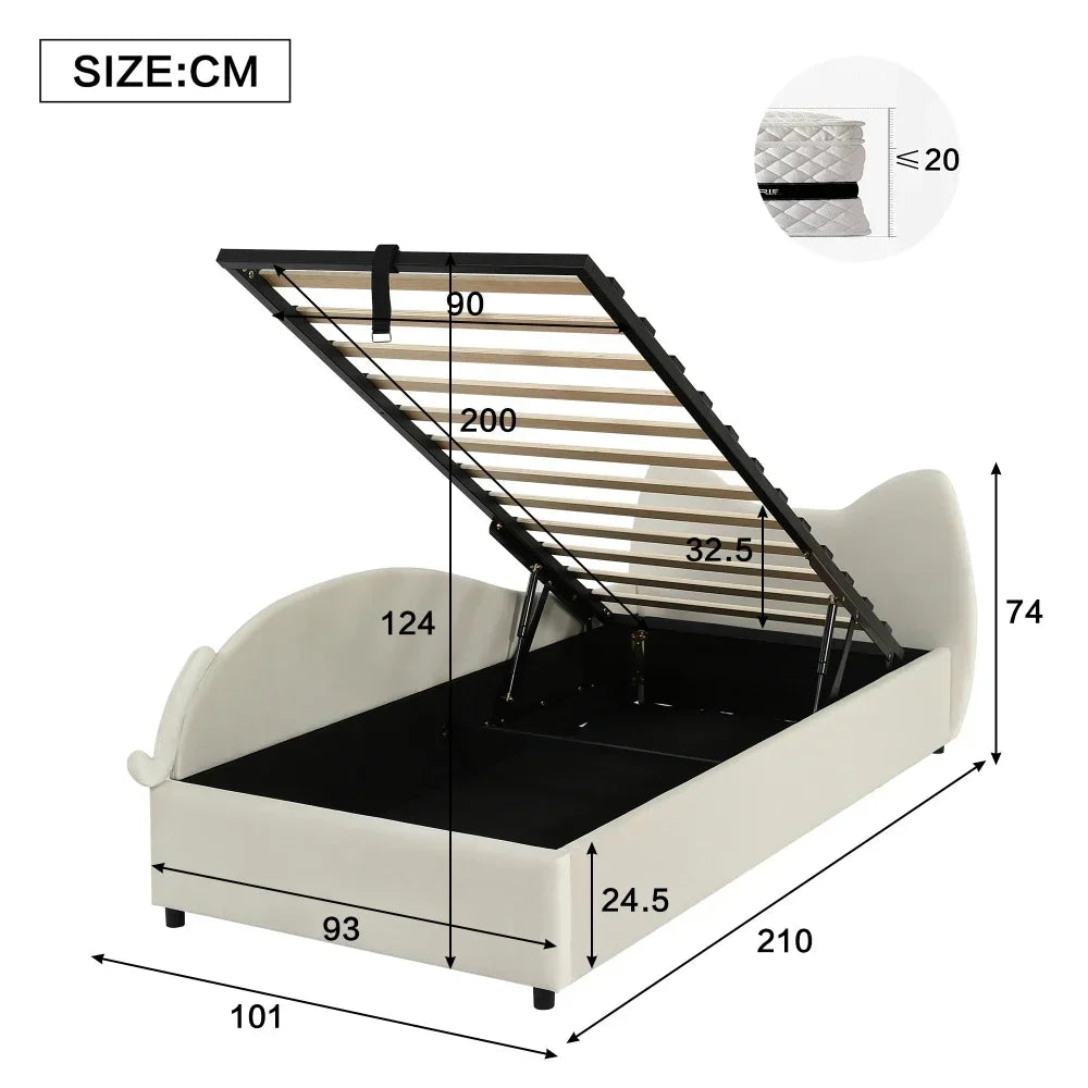 Polsterbett, Einzelbett, süßes Katzendesign, hydraulisches Bett mit Stauraum und Gürtelgriffen, stabiler Gitterrost, 90 x 200 cm