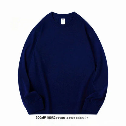 Spring Autumn 300g Heavy-duty Pure Cotton Long Sleeved  T-shirt FLoose White Top Thick Base Layer Underneath for Men and Women.