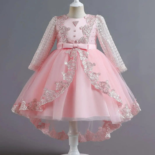 Party-Tüll-Kleider für Mädchen, langärmelig, Spitze, Perlen, nachgestelltes Prinzessinnenkleid für Kinder, Hochzeit, Geburtstag, Performance, Abendkleid
