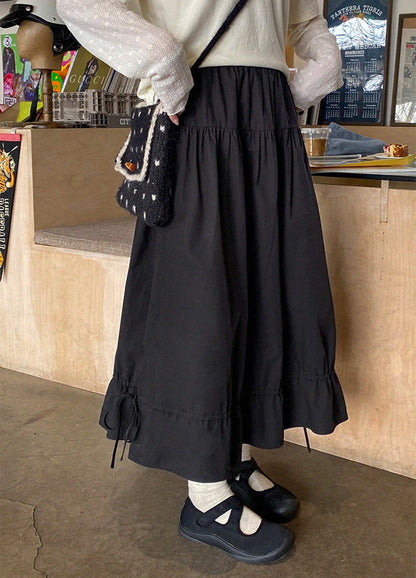 Vintage Black Midi Skirt Women Japanese Harajuku Drawstring Bud Skirts Summer Streetwear Korean Casual Design A Line Faldas New.