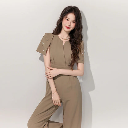 Women's Luxury Diamond-Studded Jumpsuit – Slim Fit Wide Leg Palazzo Pants, Autumn Short Sleeve Romper with High Waist.