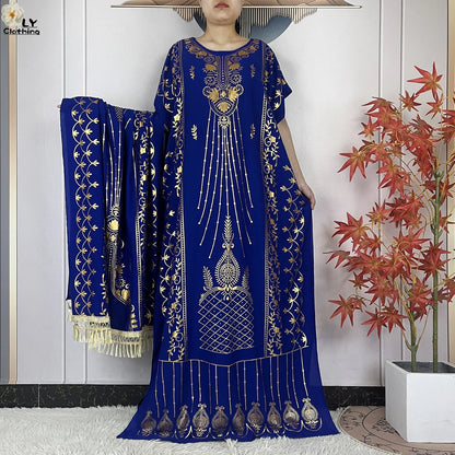 2023 New Muslim Summer Short Sleeve Robe Gold Stamping Boubou Maxi Women Femme Loose Dress With Big Scarf African Abaya Clothes