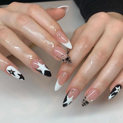 Short Square Fake Nails Y2K Style Nails Press on White/Black French Tips Star Diamond Designs False Nails for y2k Girls 24Pcs.