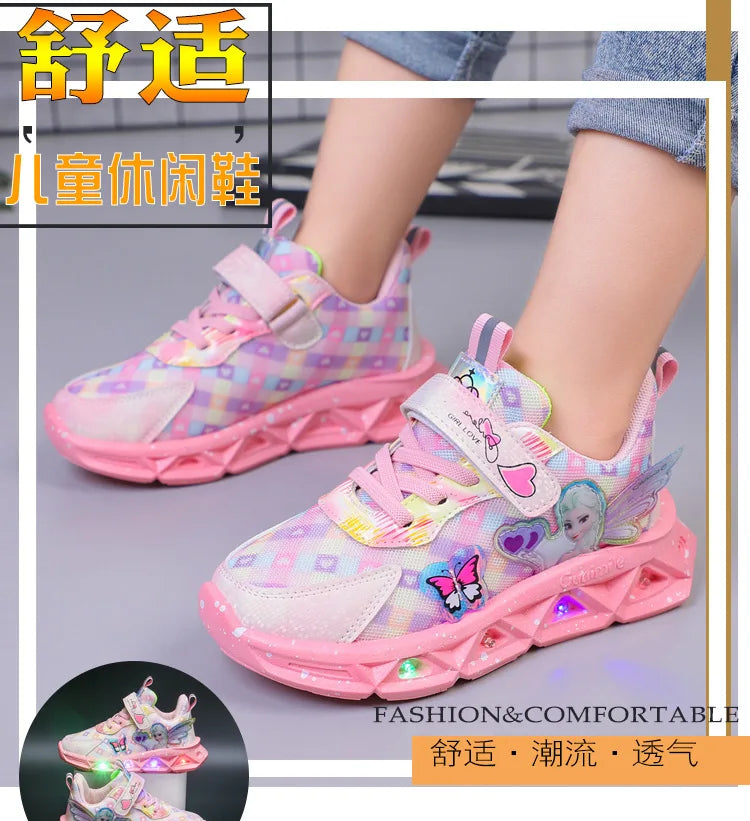 Disney Children's Sports Shoes Led Lights Sneaker Cartoon Frozen Princess  Elsa PU Leather Girls' Pink Children's Running Shoes.