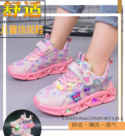 Disney Children's Sports Shoes Led Lights Sneaker Cartoon Frozen Princess  Elsa PU Leather Girls' Pink Children's Running Shoes.