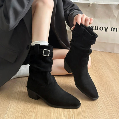 Autumn Winter Suede Pointed Toe Women Ankle Boots Fashion Slip On Thick Heel Shoes Ladies Elegant Slim Short Booties.