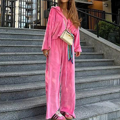 Women Autumn Hooded Coat Two Pieces Sets, Solid Patchwork Wide Leg Pants Chic Outfit, New Long Sleeve Casual Simple Ladies Suits