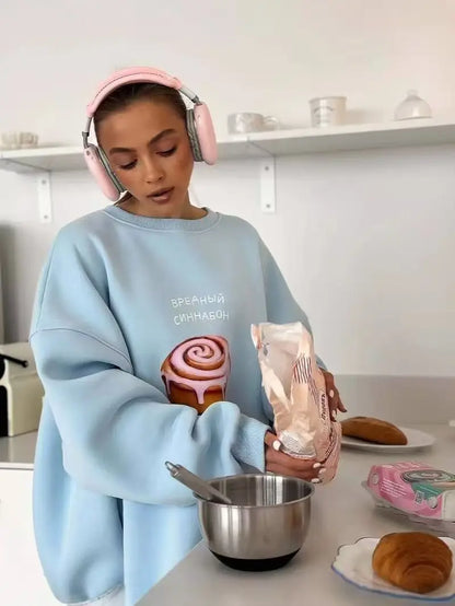 blue Cartoon pastries Russian letter print hip hop O Neck Oversize Sweatshirt Women Thin Spring 2025 Hoodies American Casual Top.