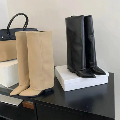 Knee High Heels Women Boots Leather Chunky Fashion Shoes Pointed Toe Snow Long Boots New Designer Pumps Punk Chelsea Botas Mujer.