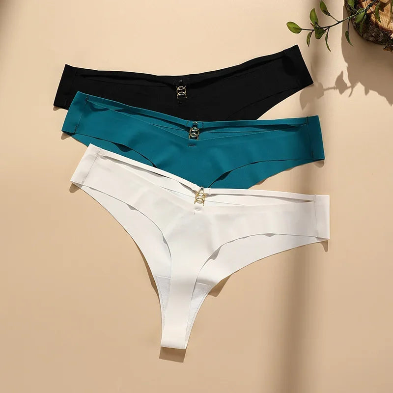 2024 NEW Low Waist Seamless Ice Silk Thongs Cotton Crotch Sexy Women's Underwear Metal Ring Hollow Out Panties Traceless Briefs.