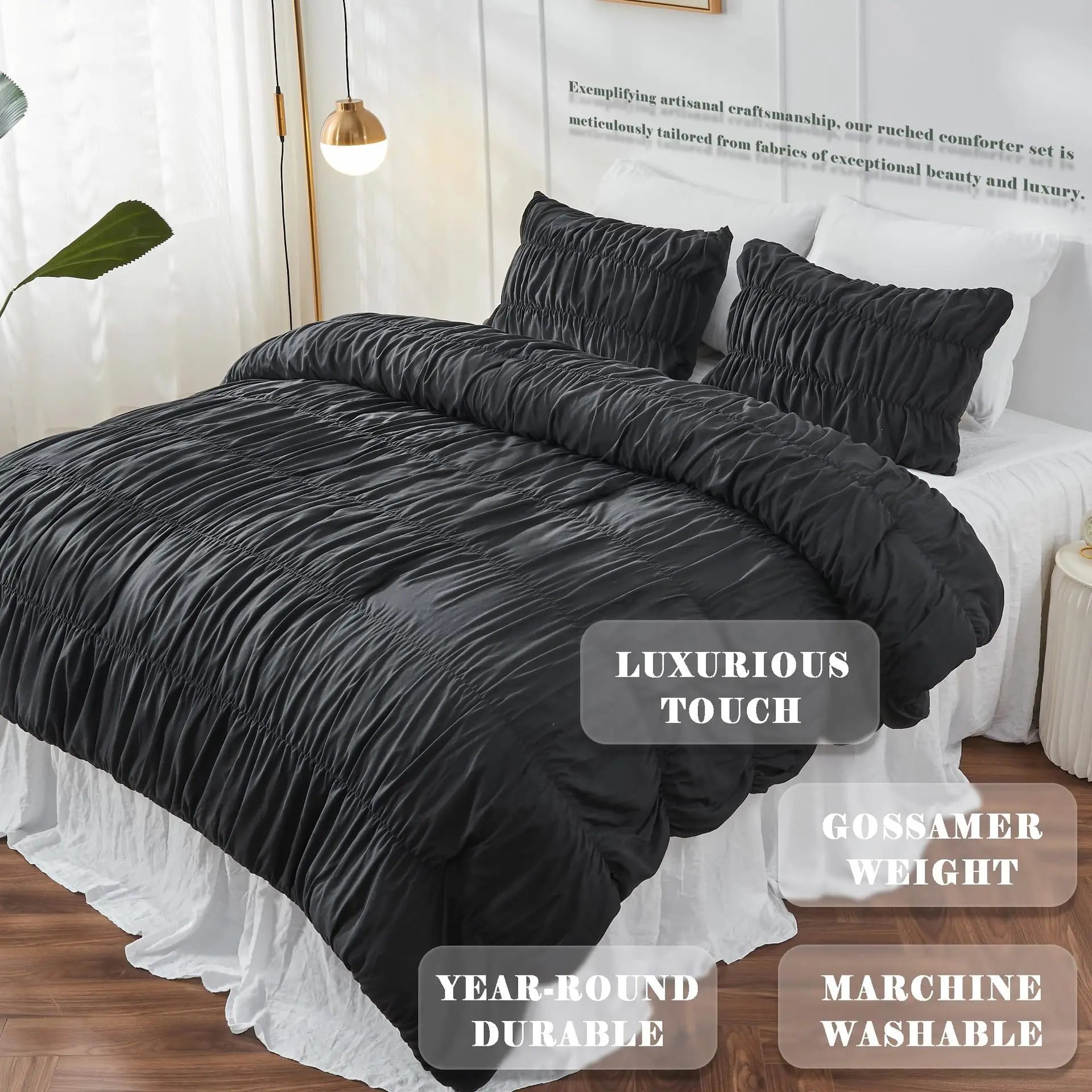 Ruched Black Duvet Cover Soft and Luxury Twin Queen King Comforter Cover Boho Shabby Chic Bedding Set - Fluffy 2/3 Piece Set.