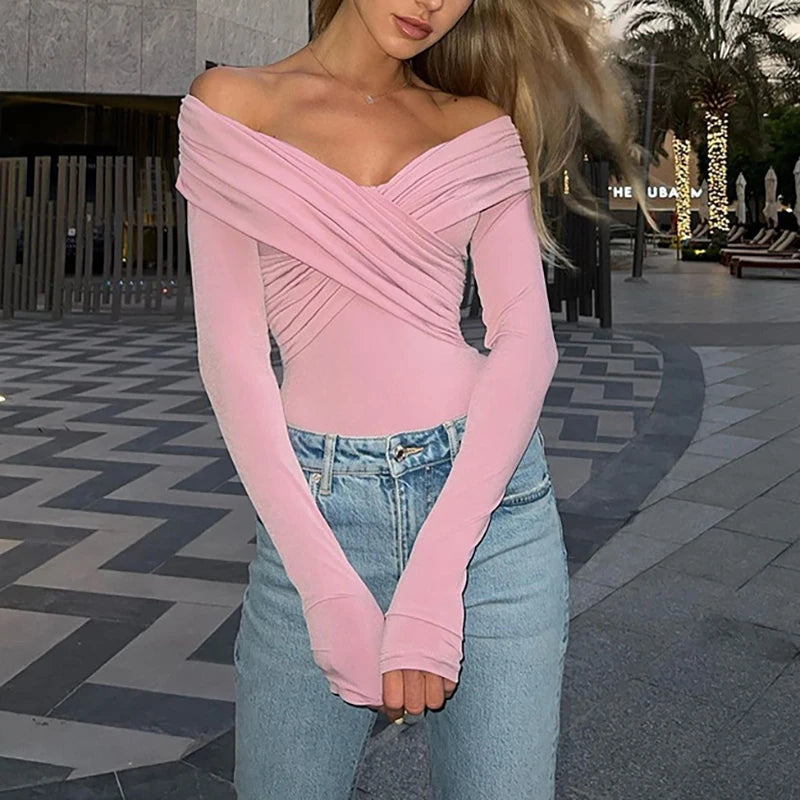 New Solid Sexy Off Shoulder Bodysuits Women Fashion Crossed Folds Skinny Rompers Long Sleeve Fashion Streetwear Autumn Bodysuits.