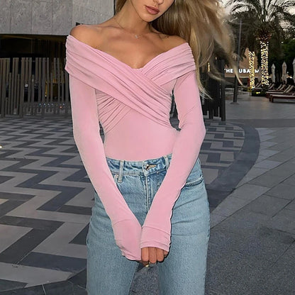 New Solid Sexy Off Shoulder Bodysuits Women Fashion Crossed Folds Skinny Rompers Long Sleeve Fashion Streetwear Autumn Bodysuits.