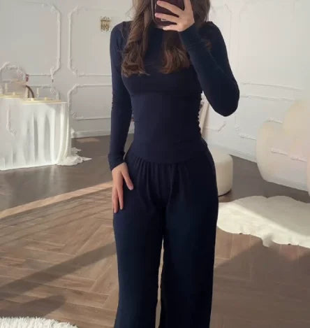 Solid Color Top Women Set Slim Fit Long Sleeved O-neck Top Pleated Straight Pocket Pants 2025 Spring/summer Vacation Women's Set.