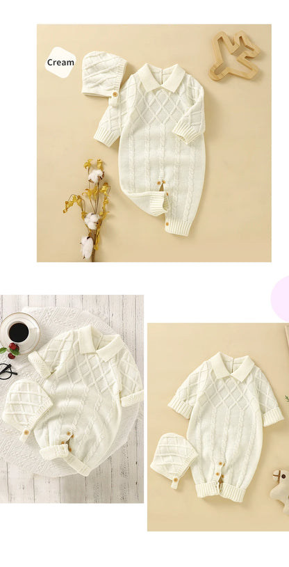 White Baby Girl Rompers Clothes Winter Long Sleeve Knitted Newborn Infant Boy Jumpsuits Hats Outfits Sets 0-18m Toddler Playsuit
