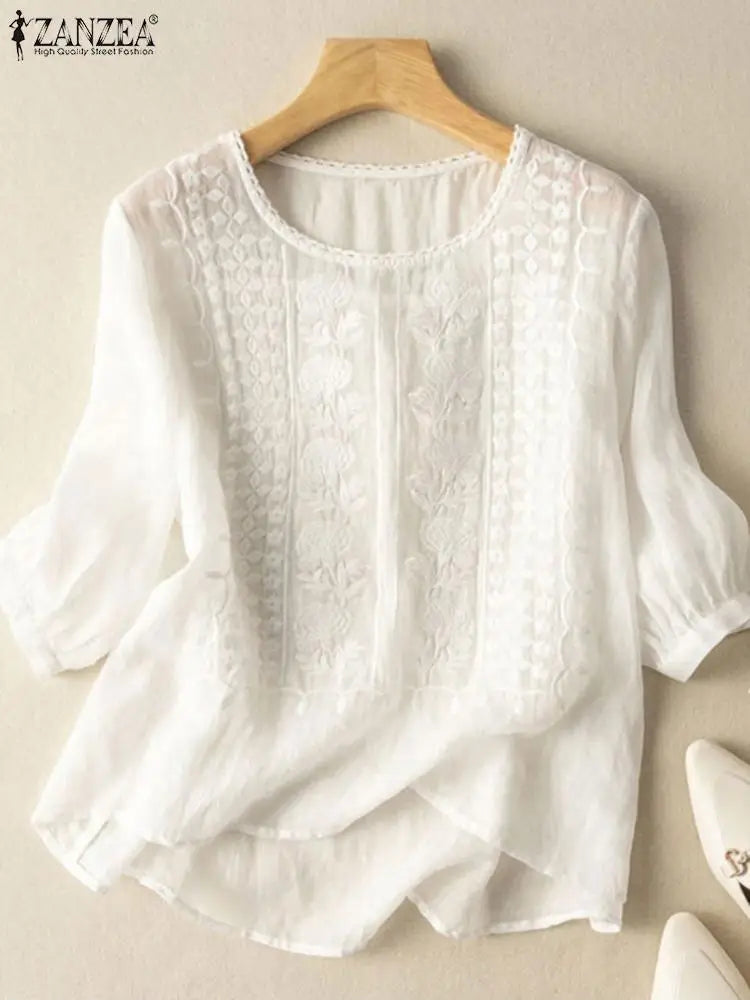 ZANZEA Elegant Women Embroidered Blouses Autumn 2024 3/4 Puff Sleeve Transparent Blusas Mujer Casual Vintage Cotton Shirts Tops.