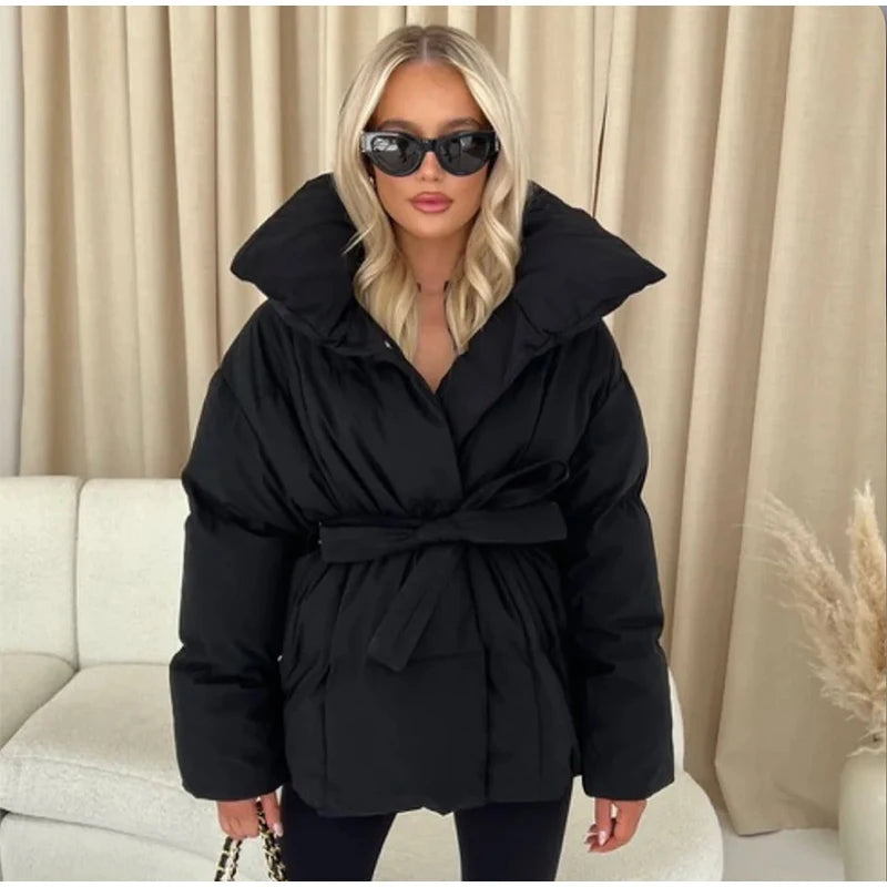 Fashion Lace Up Baumwolle Mantel Frauen Feste Revers Casual Langarm Tasche Lose Warme Kurze Mäntel Dame Winter Neue Straße Oberbekleidung