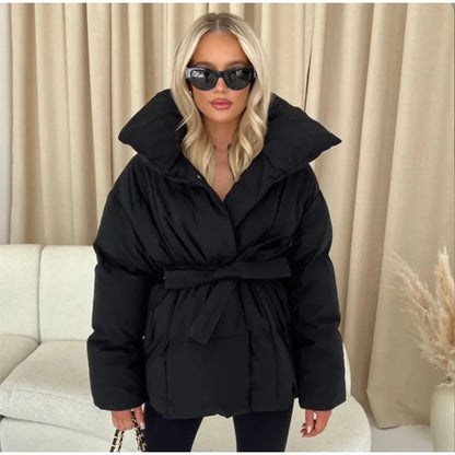 Fashion Lace Up Baumwolle Mantel Frauen Feste Revers Casual Langarm Tasche Lose Warme Kurze Mäntel Dame Winter Neue Straße Oberbekleidung