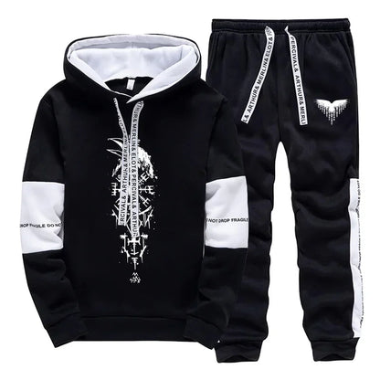 Fall Winter Daily Casual Sporty Jogger Sportswear Viking Raven Print Outfits 2025 New Fashion Men's Tracksuit Hoodies Sweatpants.