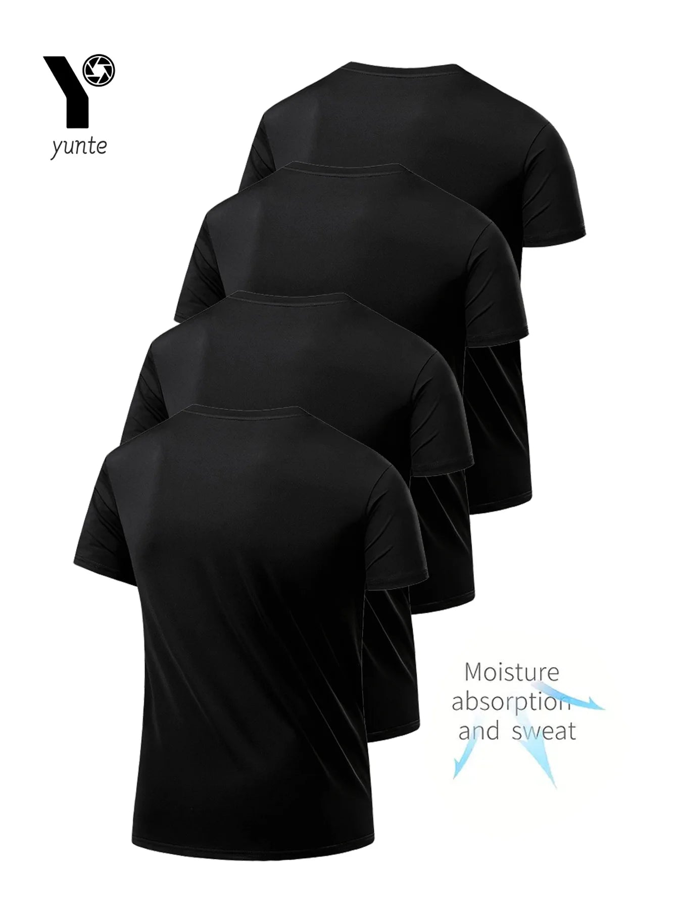 Round Neck T-Shirt 4-Pack Black Ultra-Light Men's Quick Drying Breathable Sweat-Absorbent Shirt Suitable for Fitness Gym and Run.