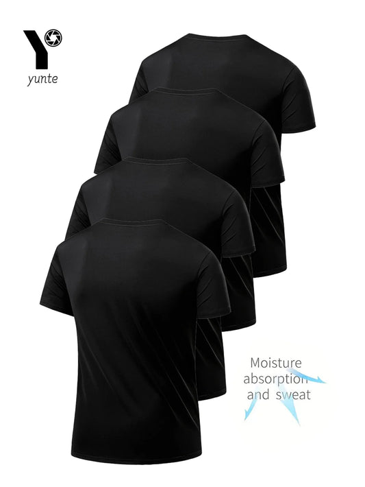Round Neck T-Shirt 4-Pack Black Ultra-Light Men's Quick Drying Breathable Sweat-Absorbent Shirt Suitable for Fitness Gym and Run.
