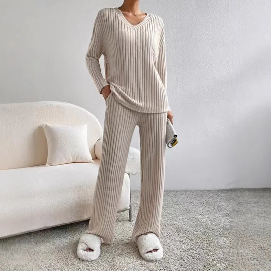 Autumn Winter Ribbed Knit Two Piece Set Womens V Neck Long Sleeve Top Wide Leg Pants Loungewear Casual Solid Color Outfit.