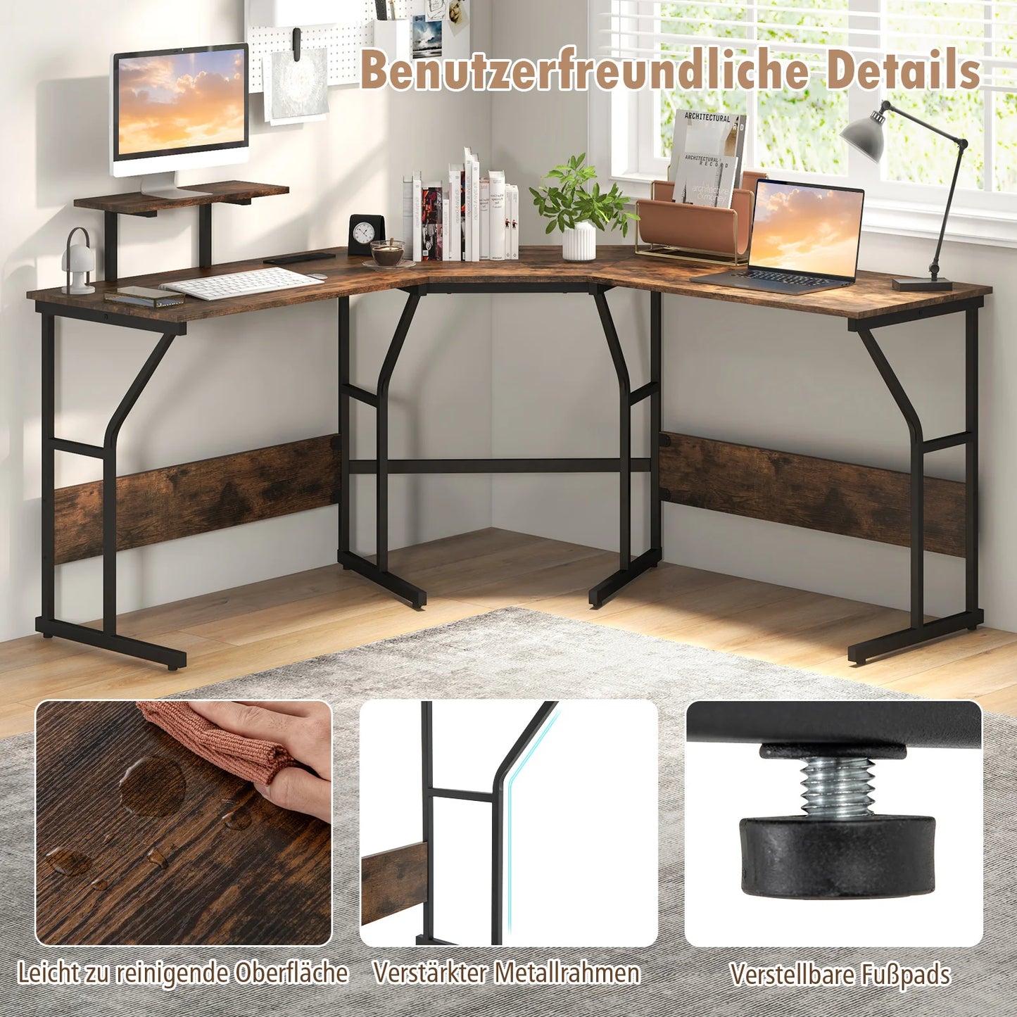 Schreibtisch L-Form, reversibler Eckschreibtisch mit Monitorständer und Ladestation, Ecktisch, Gaming Computertisch, Bürotisch