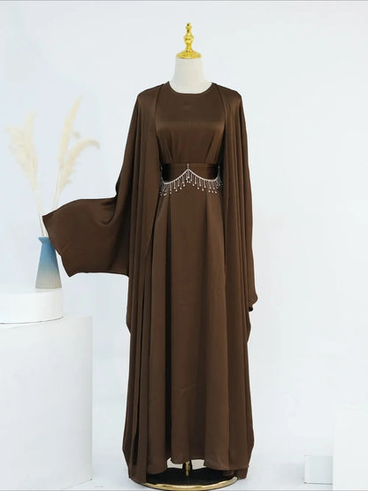 Ramadan Muslim Women 2 Piece Set with Chain Party Dresses Abaya Eid Jalabiya Sashes Diamond Morocco Dubai Kaftan Cardigan Robe